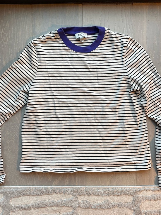 COS Tops - COS Women's Striped Long-Sleeve Tee in Black and White with Purple Neckline